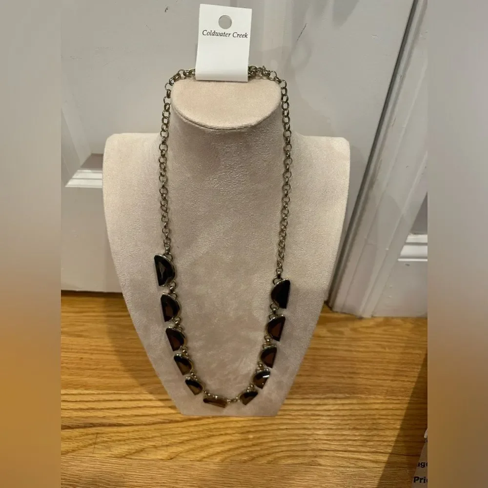 Cold Water Creek half circle brown gems gold long statement necklace